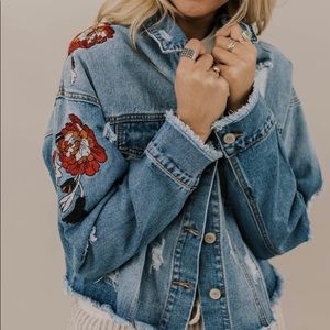 ROOLEE embroidered floral crop denim jacket